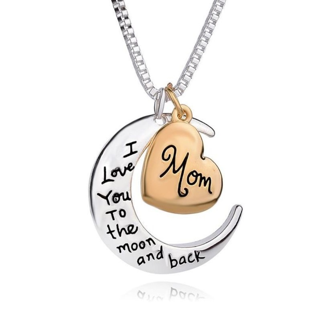 I Love You to the Moon and Back “Mom” Silver and Gold Moon/Heart charm necklace - Picture 1 of 11